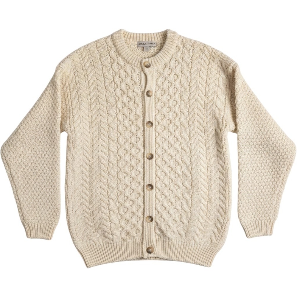 VTG Highland Home Industries Wool Cable Knit‎ Fisherman Cardigan Sweater Ivory
